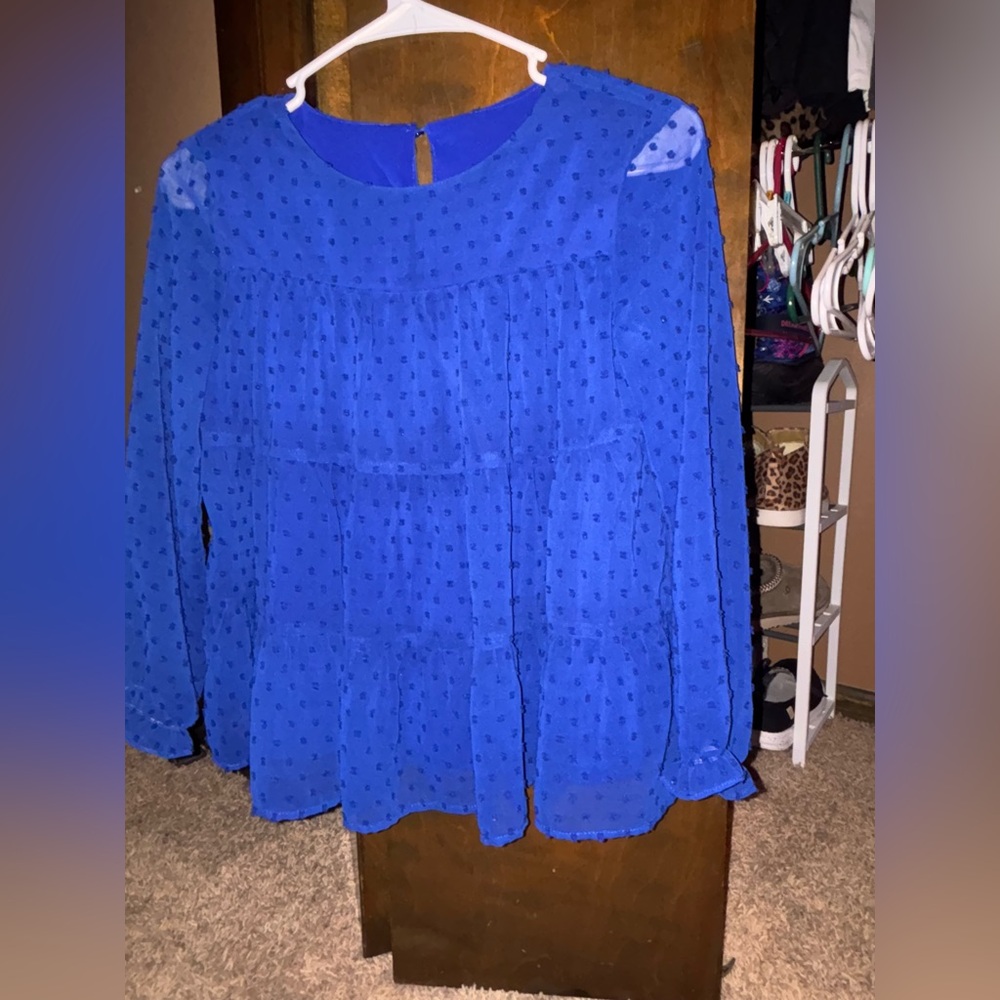Amazon Blue Pleated Bib Collar Blouse